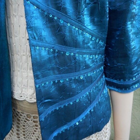 EUC KM COLLECTIONS by MILLA BELL Teal Shiny Jacket w/Sequins Size:8 - Picture 7 of 16
